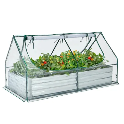 BOXED GIANTEX GALVANIZED STEEL RAISED GARDEN BED WITH MINI GREENHOUSE, OUTDOOR METAL PLANTER BOX KIT WITH LARGE ROLL-UP PVC COVER