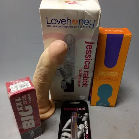 APPROXIMATELY 20 ASSORTED ADULT TOYS & ACCESSORIES TO INCLUDE LOVEHONEY RABBIT VIBRATOR, TRACEY COX BULLET, DILDO, ETC