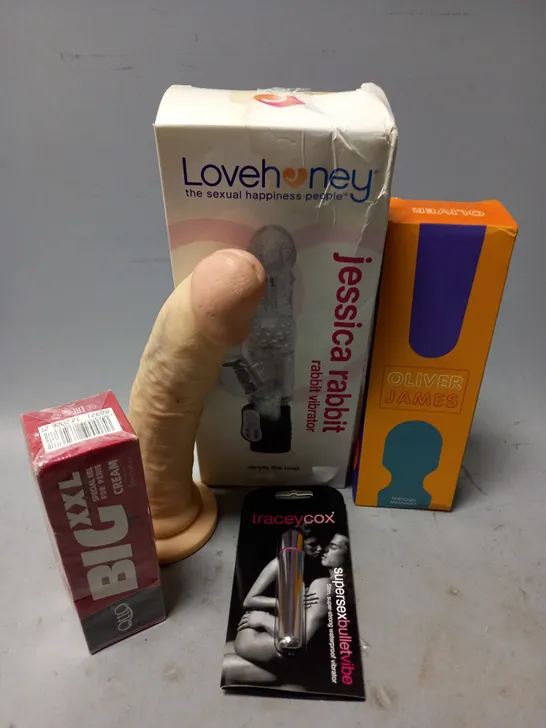 APPROXIMATELY 20 ASSORTED ADULT TOYS & ACCESSORIES TO INCLUDE LOVEHONEY RABBIT VIBRATOR, TRACEY COX BULLET, DILDO, ETC