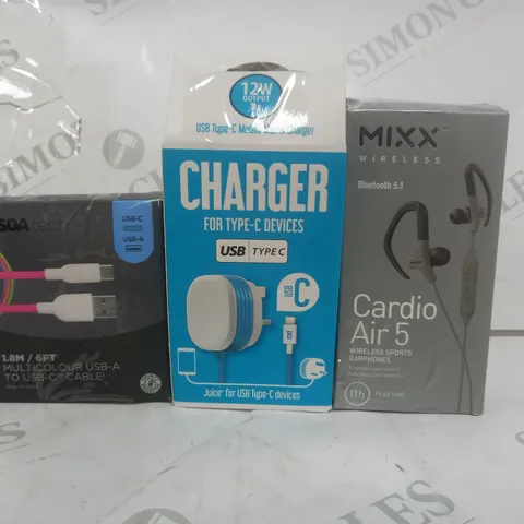 BOX OF APPROXIMATELY 20 ASSORTED ELECTRICAL ITEMS TO INCLUDE MIXX CARDIO AIR 5  HEADPHONES, CHARGE FOR TYPE-C DEVICES, MULTICOLOUR USB CABLE, ETC