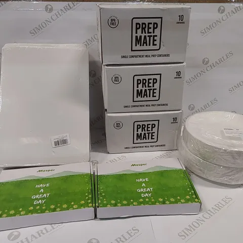 BOX OF 9 BRAND NEW ITEMS TO INCLUDE: 2 PACKS OF PAPER PLATES, 3 SETS OF PREP MATE CONTAINERS