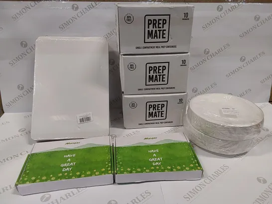 BOX OF 9 BRAND NEW ITEMS TO INCLUDE: 2 PACKS OF PAPER PLATES, 3 SETS OF PREP MATE CONTAINERS