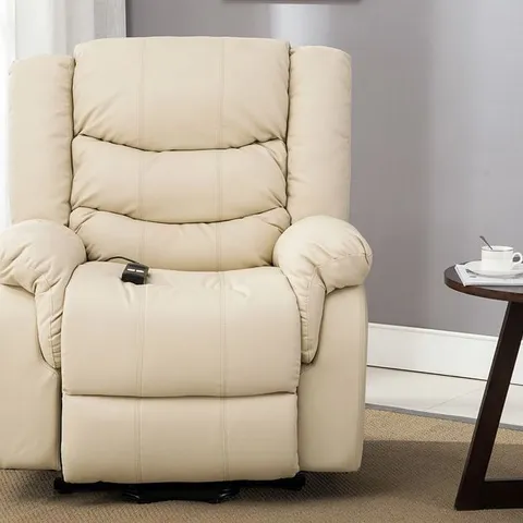 BOXED CREAM FAUX LEATHER RISE & RECLINING EASY CHAIR (2 BOXES)