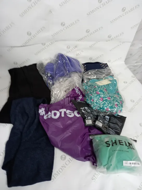 LARGE BOX OF ASSORTED CLOTHING ITEMS IN VARIOUS COLOURS AND SIZES INCLUDING TROUSERS , TOPS AND JUMPERS 