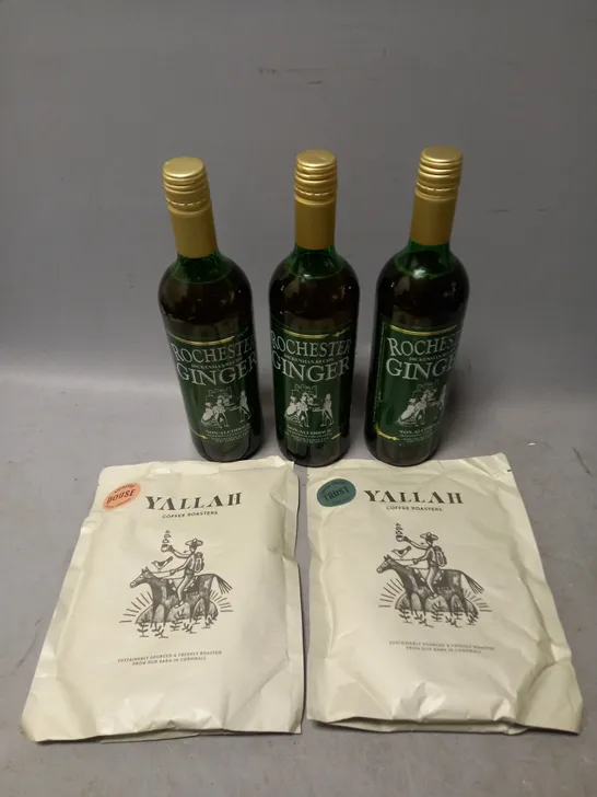 3X NON-ALC ROCHESTER GINGER 725ML, AND YALLAH COFFEE ROASTERS 