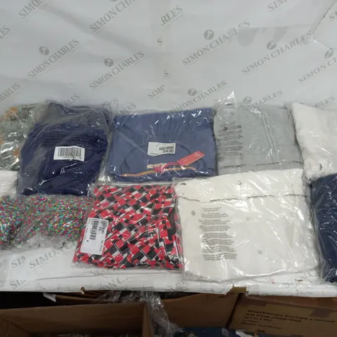 LARGE BOX OF ASSORTED CLOTHING ITEMS TOO INCLUDE TOPS , TROUSERS AND JUMPERS COMING IN DIFFERENT COLOURS AND SIZES 