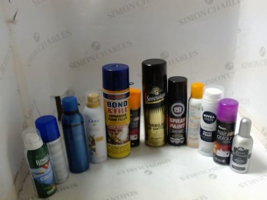 LOT OF ASSORTED ITEMS TO INCLUDE; SHOWER MOUSSE, SELF TAN, SPRAY PAINT ETC
