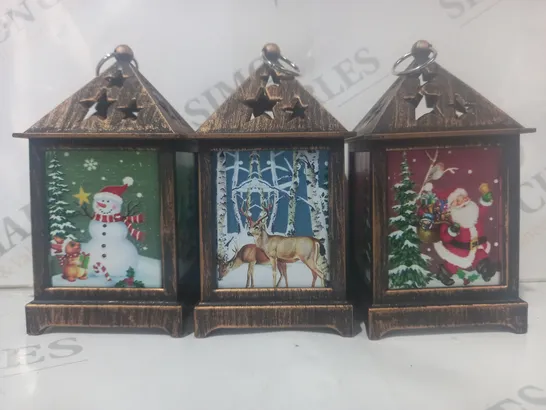 BOXED FESTIVE SET OF 3 MINIATURE PRE-LIT LANTERNS