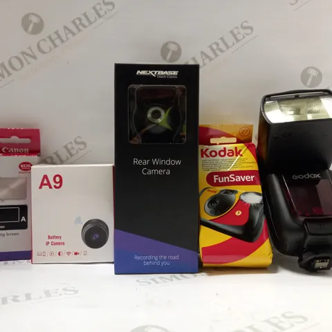 BOX OF APPROX 12 ASSORTED ITEMS TO INCLUDE - KODAK FUN SAVER - GODOX CAMERA FLASH - A9 BATTERY IP CAMERA ECT