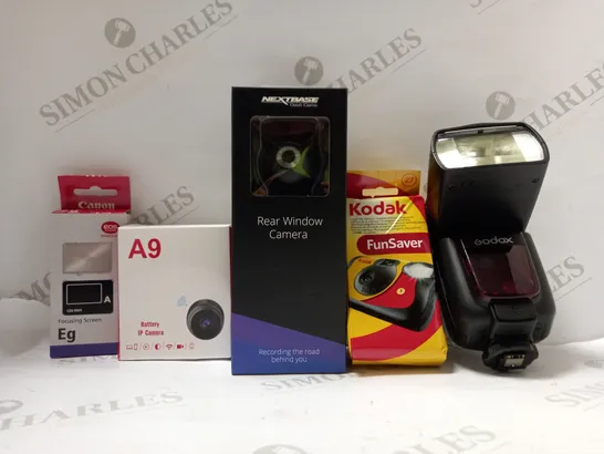 BOX OF APPROX 12 ASSORTED ITEMS TO INCLUDE - KODAK FUN SAVER - GODOX CAMERA FLASH - A9 BATTERY IP CAMERA ECT