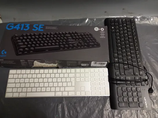 LOT OF 3 ASSORTED COMPUTER KEYBOARDS INCLUDES APPLE A1843, LENOVO WIRED AND LOGITECH G413 IN FRENCH LAYOUT