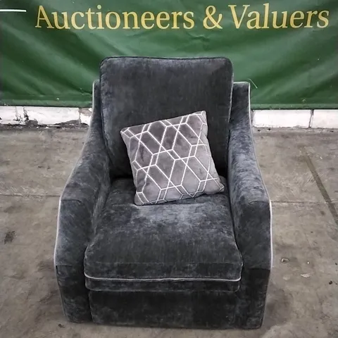 DESIGNER DARK GREY FABRIC ARMCHAIR WITH PATTERNED CUSHION