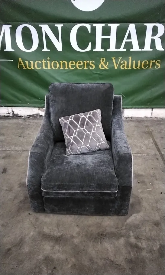 DESIGNER DARK GREY FABRIC ARMCHAIR WITH PATTERNED CUSHION