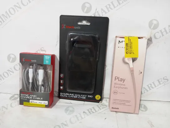 BOX OF APPROXIMATELY 20 ASSORTED ELECTRICAL ITEMS TO INCLUDE MIXX PLAY WIRELESS EARPHONES, BLACKWEB SAMSUNG GALAXY DUAL LAYER CASE, BLACKWEB SYNC AND CHARGE CABLE, ETC