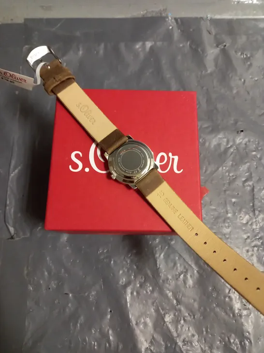 BOXED S.OLIVER STAINLES STEEL LEATHER STRAP WATCH IN BROWN LEAF