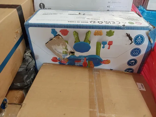 PALLET OF ASSORTED CONSUMER PRODUCTS TO INCLUDE: STEAM CLEANER, RECORD PLAYER, KID'S PLAYSET, WOODEN KITCHEN PLAYSET ECT