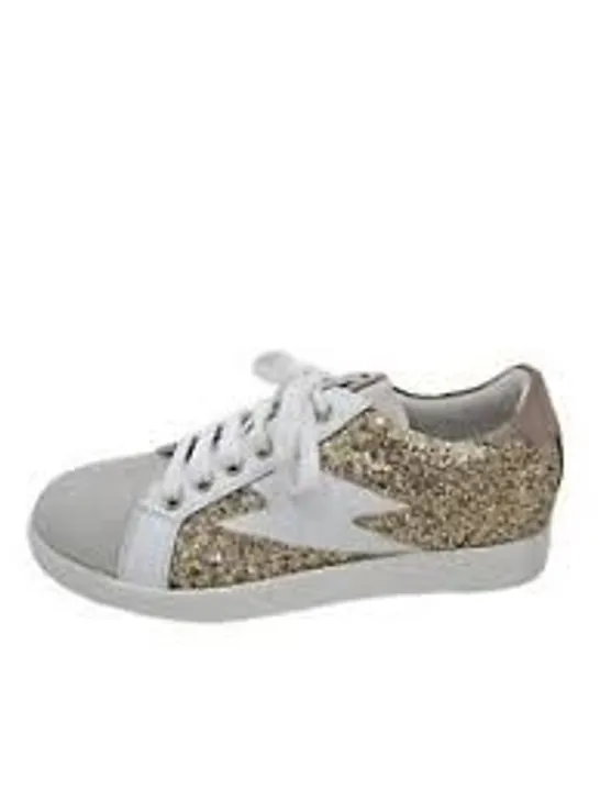 DUNE LONDON ENERGISED BOLT TRAINERS IN SPARKLE GOLD SIZE 6