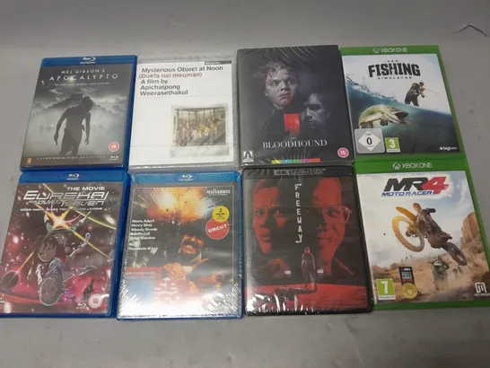 LOT OF 20 ASSORTED MEDIA ITEMS TO INCLUDE APOCALYPTO BLUE RAY, XBOX ONE MOTO RACER 4 AND FIRST BLOOD 