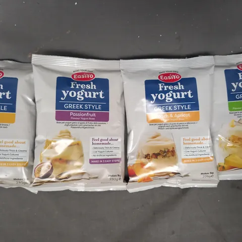 BOX OF APPROXIMATELY 10 PACKS OF EASIYO GREEK STYLE FRESH YOGURT BASE IN VARIOUS FLAVOURS