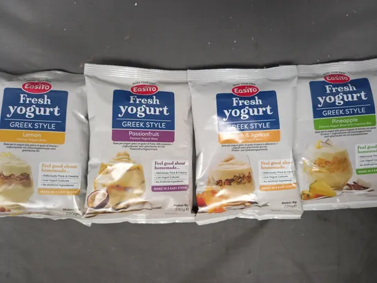 BOX OF APPROXIMATELY 10 PACKS OF EASIYO GREEK STYLE FRESH YOGURT BASE IN VARIOUS FLAVOURS