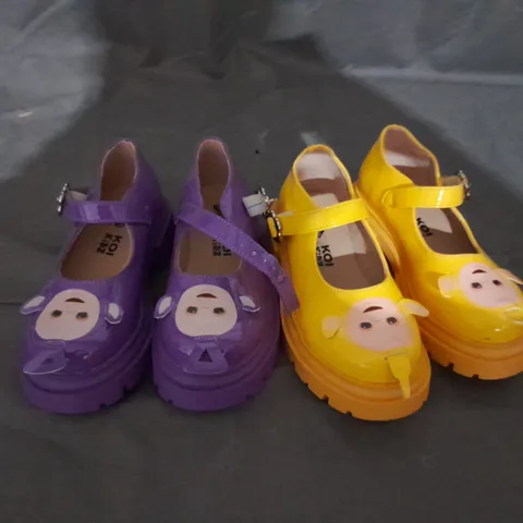 4 PAIRS OF KOI KIDZ TELETUBBIES MARY JANES IN YELLOW, GREEN, RED, PURPLE SIZE 31