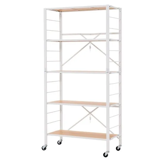 BOXED COSTWAY 5-TIER FOLDABLE SHELVING UNIT METAL SHELVES WITH DETACHABLE WHEELS - NATURAL