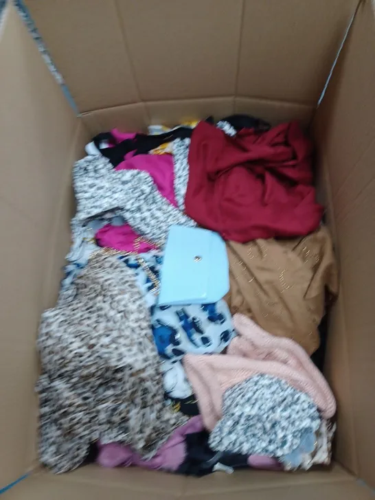 BOX OF ASSORTED WOMENS ITEMS TO INCLUDE TOPS, JOGGERS, HOODIES ETC 