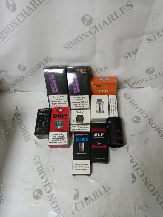 BOX OF APPROXIMATELY 10 ECIG PRODUCTS TO INCLUDE ASPIRE, DRIP, INNOKIN