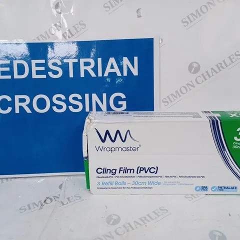 BOX OF APPROXIMATELY 20 ASSORTED HOUSEHOLD ITEMS TO INCLUDE WRAPMASTER CLING FILM (PVC), PEDESTRIAN CROSSING SIGN, ETC
