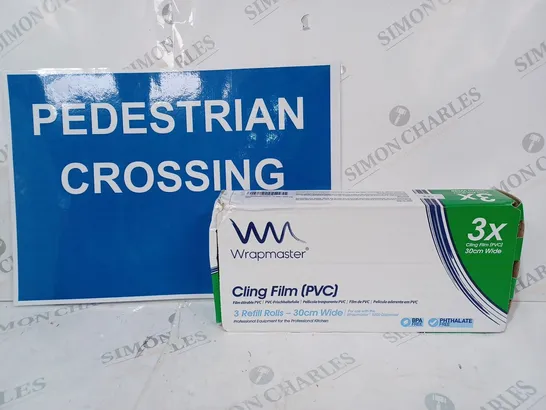 BOX OF APPROXIMATELY 20 ASSORTED HOUSEHOLD ITEMS TO INCLUDE WRAPMASTER CLING FILM (PVC), PEDESTRIAN CROSSING SIGN, ETC