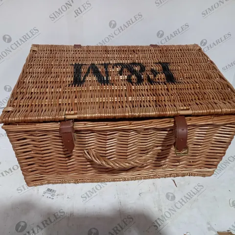 BOXED F&M WICKER BASKET WITH LEATHER STRAPS - SIZE APPROXIMATELY 50 X 34 X 25CM