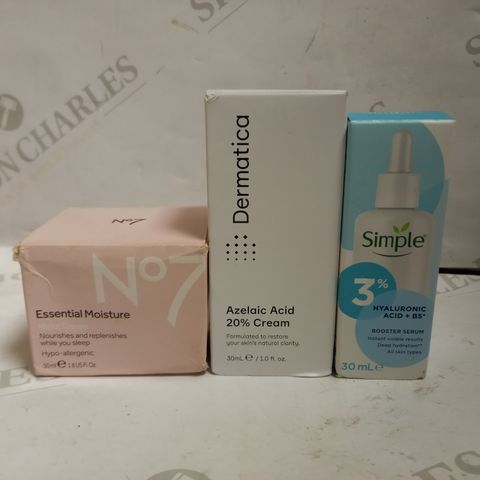 LOT OF 3 SKINCARE ITEMS, TO INCLUDE SIMPLE, NO7 & DERMATICA
