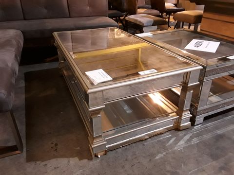 DESIGNER MIRRORED LARGE RECTANGULAR COFFEE TABLE ON SQUARE COLUMN SUPPORTS