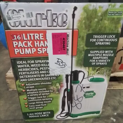 BOXED CLARKE 16 LITRE BACK PACK HANDLE PUMP SPRAYER