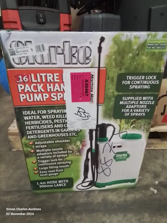 BOXED CLARKE 16 LITRE BACK PACK HANDLE PUMP SPRAYER