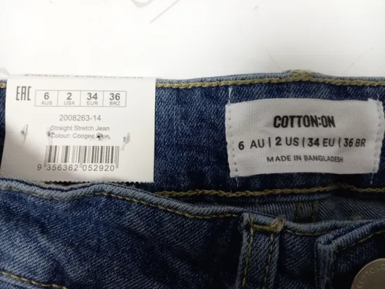 BOX OF APPROX 6 BRAND NEW COTTON:ON STRAIGHT STRETCH JEANS - COOGEE BLUE SIZE AUS 6	