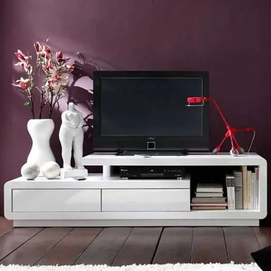 BOXED CELIA TV STAND IN WHITE GLOSS WITH WHITE DRAWERS (1 BOX)