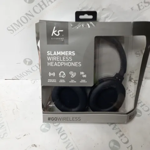 7 BOXED KITSOUND SLAMMERS WIRELESS HEADPHONES IN BLACK/BLUE