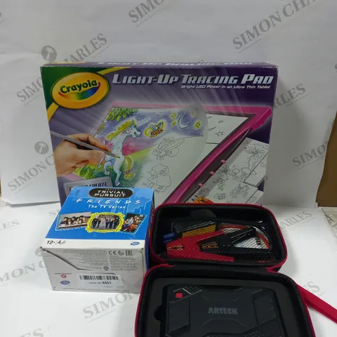 LOT OF APPROXIMATELY 18 ITEMS TO INCLUDE TRIVIAL PURSUIT FRIENDS TV SHOW EDITION, CRAYOLA LIGHT UP TRACING PAD, ARTECK JUMP START - JS08, ETC