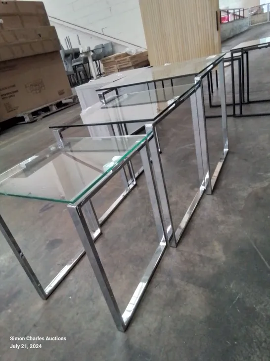 GLASS AND CHROME METAL LEGS NEST OF 3 SQUARE TABLES