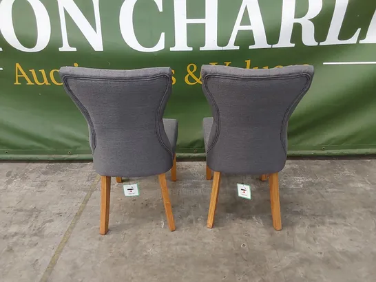 SET OF 2 BEWLEY SLATE GREY FABRIC BUTTON BACK DINING CHAIRS WITH OAK LEGS 