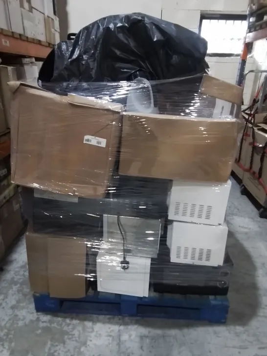 PALLET OF ASSORTED HOUSEHOLD ITEMS TO INCLUDE VARIOUS MICROWAVES, TV AERIALS AND KETTLES