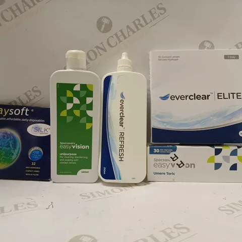 BOX OF APPROX 20 ASSORTED EYE CARE ITEMS TO INCLUDE - EVERCLEAR ELITE 30 CONTACTS LENSES - SPECSAVERS EASY VISION - EVERCLEAR REFRESH ECT