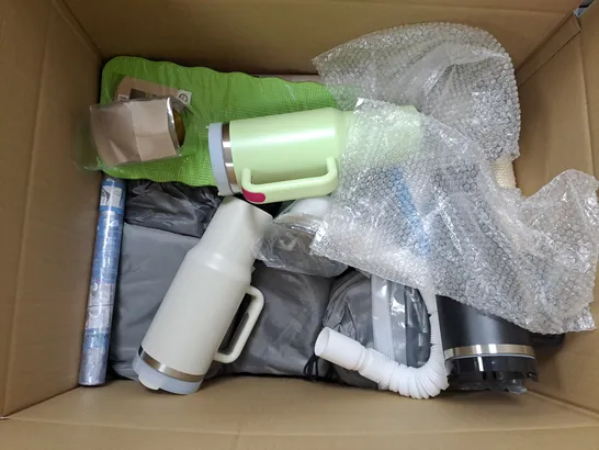 LARGE BOX OF APPROXIMATELY 15 ASSORTED HOUSEHOLD  ITEMS TOO INCLUDE BIN BAGS , MOPS , CUPS , ETC 