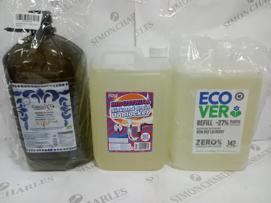 BOX OF APPROX 3 ASSORTED LIQUIDS TO INCLUDE - ECO VER BIO LAUNDRY - SINK AND DRAIN UNBLOCKER - EXTRA VIRGIN OLIVE OIL 