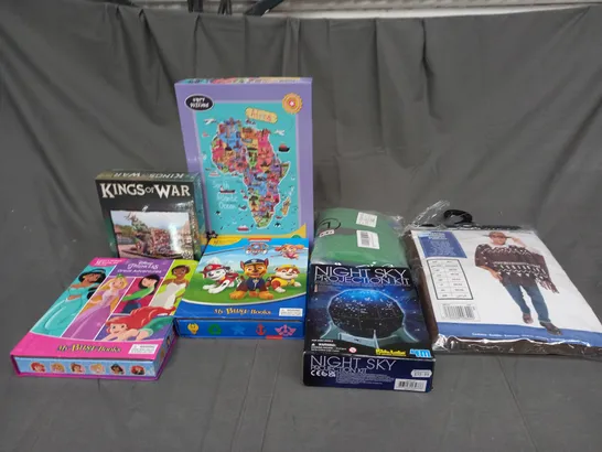 LARGE BOX OF ASSORTED TOYS AND GAMES TO INCLUDE DRESSING UP COSTUMES, JIGSAWS AND ACTIVITY BOOKS