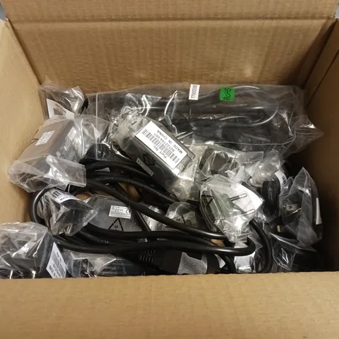 BOXED LOT OF APPROX. 30 POWER CABLES AND ADPATORS. 