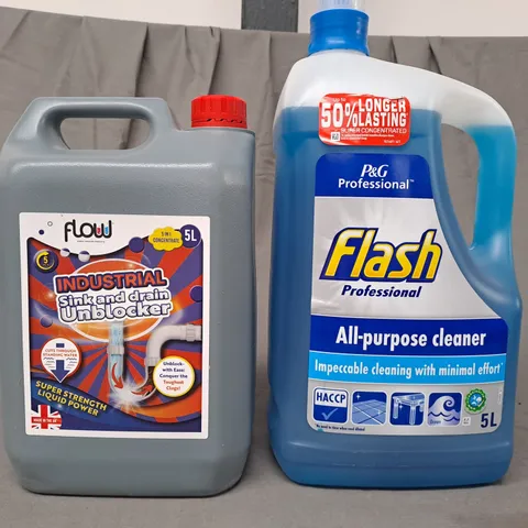 4 ASSORTED HOUSEHOLD CLEANING PRODUCTS TO INCLUDE FLOW INDUSTRIAL SINK AND DRAIN BLOCKER, FLASH PROFESSIONAL ALL-PURPOSE CLEANER, ETC - COLLECTION ONLY