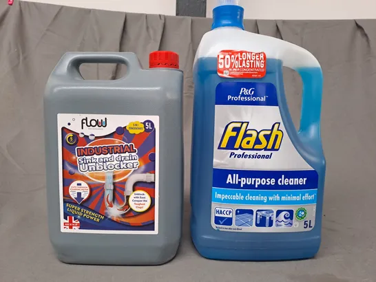 4 ASSORTED HOUSEHOLD CLEANING PRODUCTS TO INCLUDE FLOW INDUSTRIAL SINK AND DRAIN BLOCKER, FLASH PROFESSIONAL ALL-PURPOSE CLEANER, ETC - COLLECTION ONLY