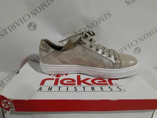 BOXED PAIR OF RIEKER GOLD METALLIC TRAINERS - SIZE 6.5